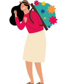 A woman with a backpack and flowers png