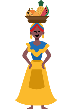 A cartoon woman in a traditional dress holding a basket of fruit png
