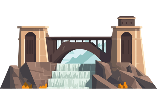 A cartoon bridge with waterfalls and rocks png