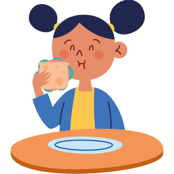A girl eating a sandwich in front of a table png
