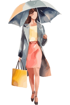 A woman walking with an umbrella and shopping bag png