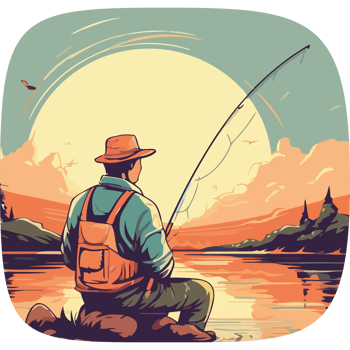A man sitting on a rock fishing in front of a lake png