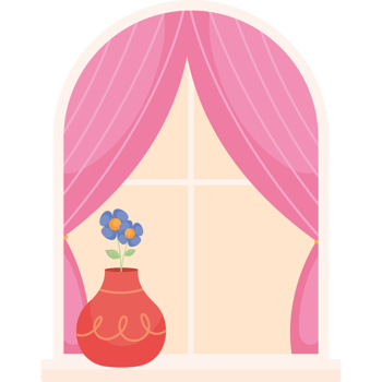 A pink vase with flowers sitting on a window sill png