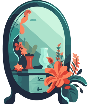 A vase of flowers and a mirror in front of a table png