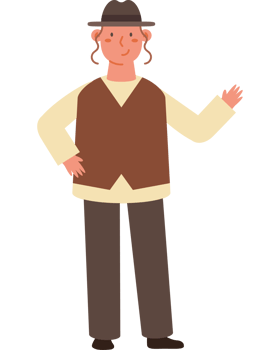 A man in a hat and vest standing with his hands out png