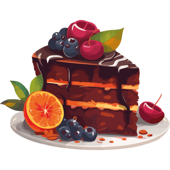 A piece of chocolate cake with cherries and oranges png