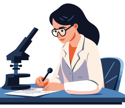 A woman in a lab coat is writing on a piece of paper png