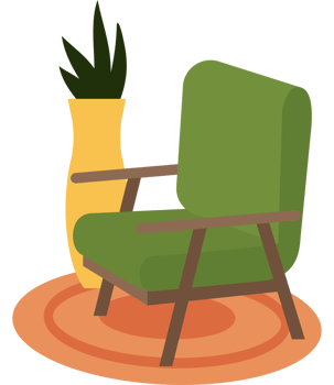 A green chair and vase on a round table png