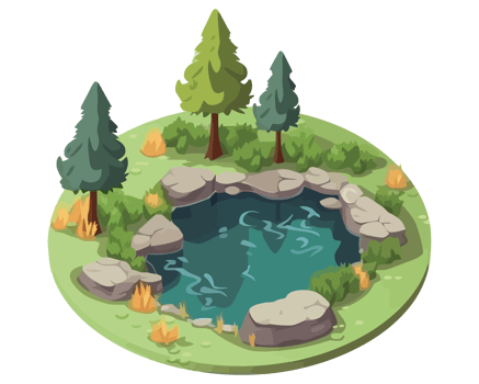 A small pond surrounded by trees and rocks png