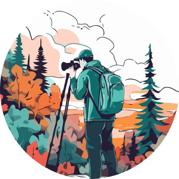A man with a backpack is taking a picture of the forest png