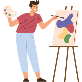A man is holding a paintbrush and painting on a canvas png