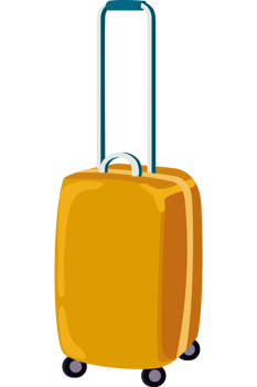 A yellow suitcase with wheels on a black background png
