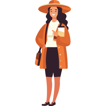 A woman in a hat and coat holding a coffee cup png
