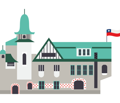 A cartoon building with a flag on top png