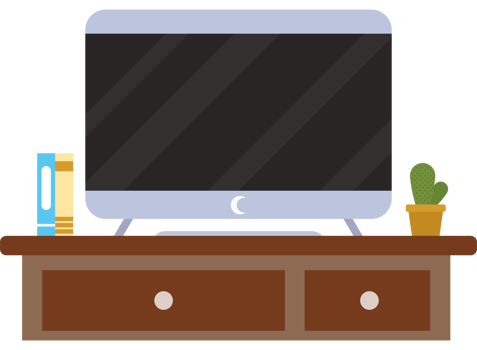 Tv on a desk with a book and a plant png
