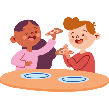 Two kids eating pizza at a table png