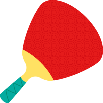 A red and yellow ping pong paddle with a green handle png