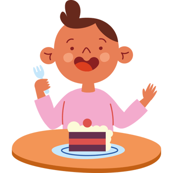 A cartoon boy eating cake with a fork and knife png