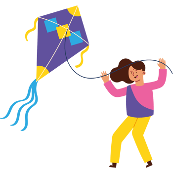 A girl is flying a kite with a purple and yellow tail png