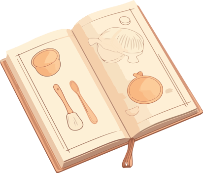 An open book with a spoon and other items png
