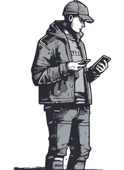 A man in a hoodie and jacket is looking at his phone png