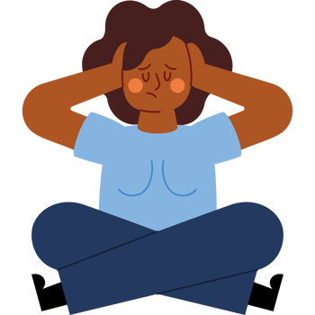 A woman sitting in the lotus position with her hands on her head png