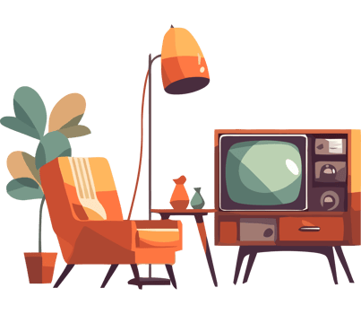 Retro living room with chair, tv, lamp and plant png