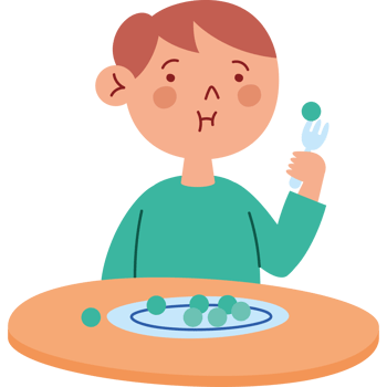 A boy eating a piece of fruit with a fork and spoon png