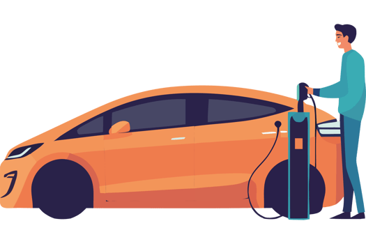 An illustration of a man charging an electric car png