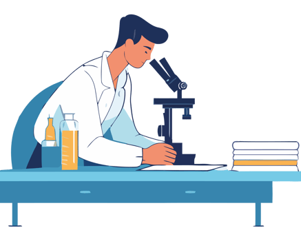 A man in a lab coat is looking at a microscope png