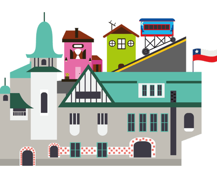 A cartoon illustration of a city with a train and a flag png