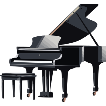 A black grand piano and stool on a white background png