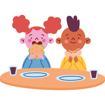 Two kids eating a burger and drink png