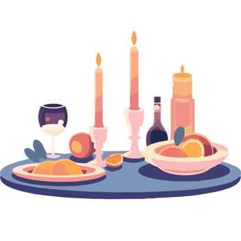 A table with a candle, wine and fruit png