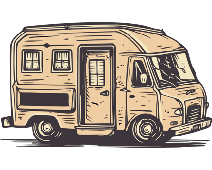 An old camper van is shown in a sketch style png
