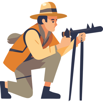 An illustration of a man in a hat and hat holding a telescope png
