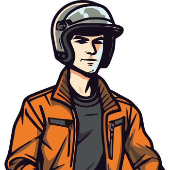 A cartoon man in an orange jacket and helmet png
