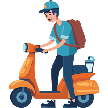 A man on a scooter with a backpack and a coffee cup png