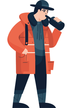 A man in an orange coat and hat is drinking from a bottle png