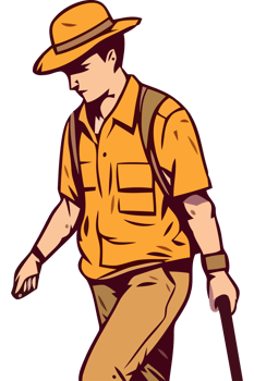 A man in an orange shirt and hat walking with a cane png