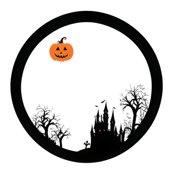 Halloween pumpkin in a circle with castle and trees png