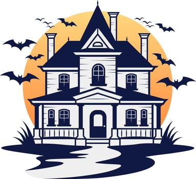 Silhouette of a haunted mansion with bats - Gothic House Silhouette with Bats in the Evening Sky illustration vector