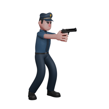 3D Professional Male in Police Role. A police officer in a ready stance, aiming a pistol with both hands to shoot png