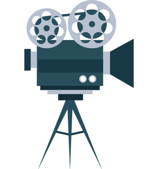 A movie camera on a tripod with two film reels png