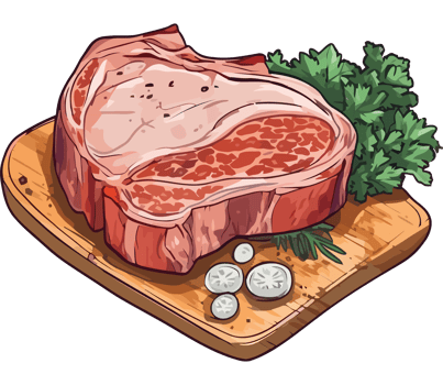 Steak on a cutting board with herbs and vegetables png