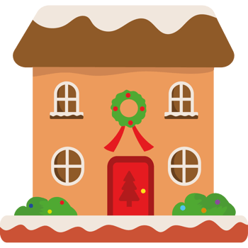 A gingerbread house with a wreath on the door png