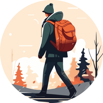 A man with a backpack walking through the woods png