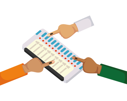 Two hands holding a voting machine and pointing at it png