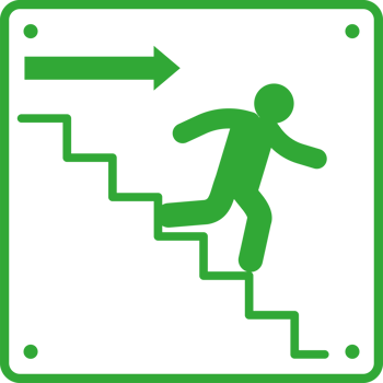 An image of an exit sign with a man running up stairs png