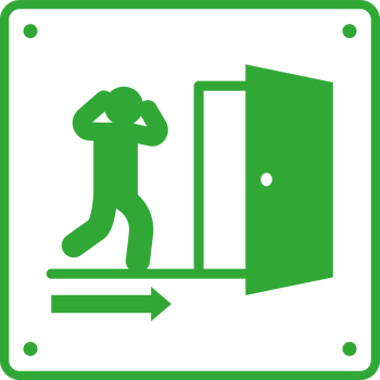 An image of an exit sign with a man walking into the door png